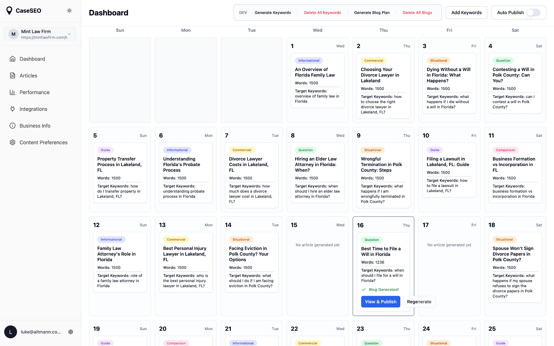 CaseSEO Dashboard Preview showing calendar of AI-generated blog posts